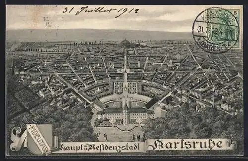 Künstler-AK Karlsruhe, Blick auf das Schloss, Wappen