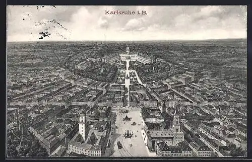 Künstler-AK Karlsruhe i. B., Schloss und Strassenpartie mit Strassenbahn
