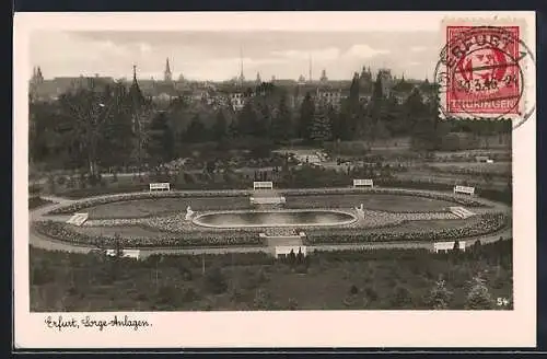 Foto-AK Erfurt, Sorge-Anlagen mit Teich und Bänken