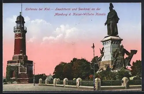 AK Holtenau bei Kiel, Leuchtturm und Denkmal an der Mündung des Kaiser-Wilhelm Kanals