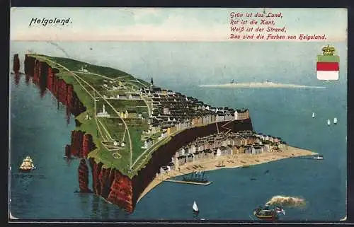 AK Helgoland, Panorama der Insel, Schiffe, Gedicht