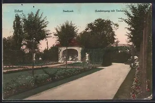 AK Erfurt, Laubengang mit Teehaus im Stadtpark