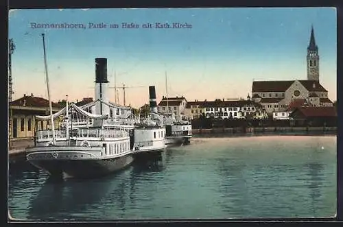 AK Romanshorn, Binnenschiffe im Hafen, Blick zur Kath. Kirche