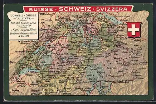 Künstler-AK Winterthur, Landkarte mit Bern, Montreux und Solothurn