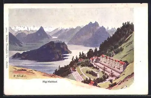 Lithographie Rigi-Kaltbad, Panorama mit Hotel