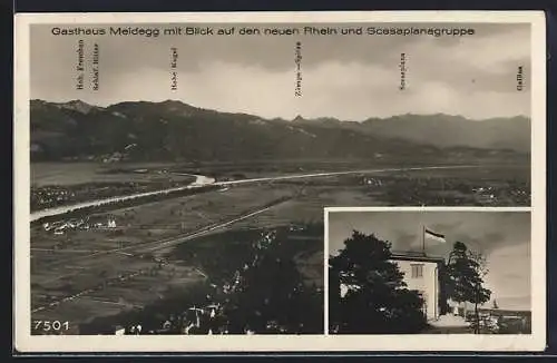 AK Walzenhausen, Gasthaus Meldegg, Panorama mit Blick auf Rhein und Scesaplanagruppe