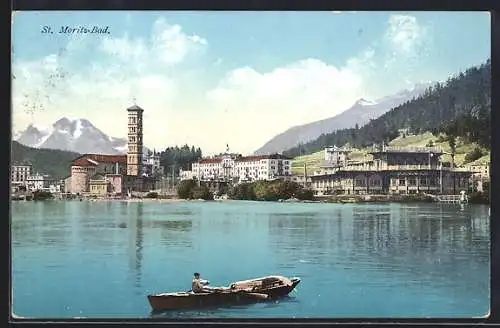 AK St. Moritz-Bad, Blick vom See zur Kirche