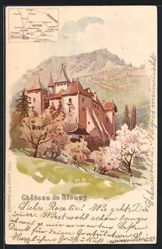 Lithographie Blonay, Le Château, Landkarte mit Lausanne, Vevey und Gruyère