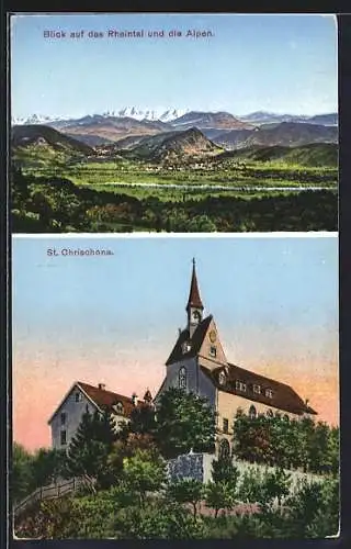 AK St. Chrischona, Blick auf das Rheintal und die Alpen, Kirche