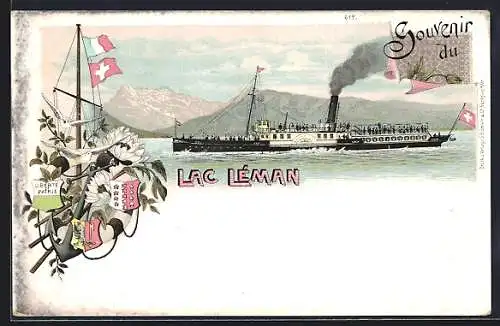 Lithographie Lac Léman, Binnenschiff bei voller Fahrt