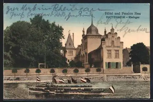 AK Hattenheim / Rheingau, Blick auf Hotel u. Pension Rees, Rhein-Ansicht