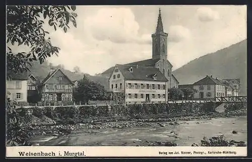 AK Weisenbach i. Murgtal, Gasthaus zum grünen Baum mit Kirche