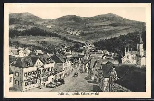 Künstler-AK Loffenau /Württ. Schwarzwald, Strassenpartie mit Gasthaus Sonne