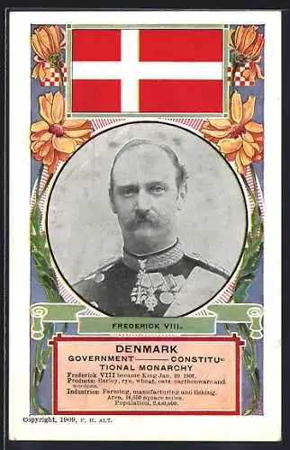 AK Frederick VIII. von Dänemark, Portrait mit Blumen, Dänische Flagge