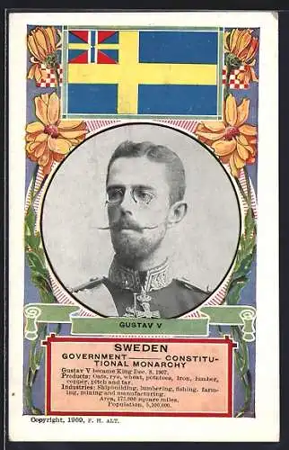 AK Gustav V. von Schweden, Portrait mit Blumen, Schwedische Flagge