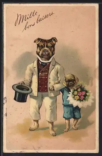 Lithographie Bulldogge im weissen Anzug mit Weste und Zylinder und Sohn im Matrosenanzug mit Blumenstrauss