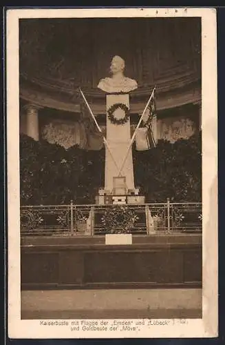 AK Hamburg, Deutsche Kriegs-Ausstellung 1916, Kaiserbüste mit Flagge der Emden und Lübeck