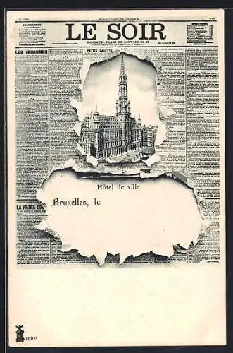 AK Bruxelles, Rathaus hinter Titelseite der Zeitung Le Soir