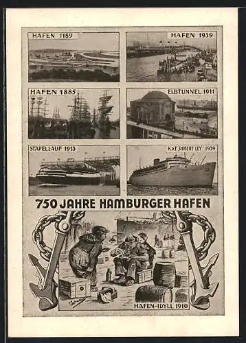 AK Hamburg, 750 Jahre Hamburger Hafen, Ansichten aus versch. Jahren