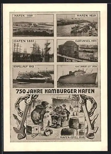 AK Hamburg, 750 Jahre Hamburger Hafen, Ansichten aus versch. Jahren