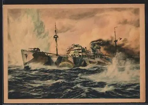 AK Sperrbrecher durchbricht ein Minenfeld, Er ist mit besonderen Schutzeinrichtungen gegen Minentreffer ausgerüstet, Kri