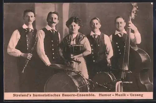 AK Strelands humoristisches Bauern-Ensemble, Portrait mit Instrumenten