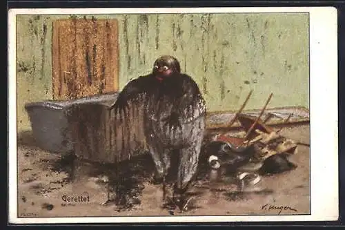 Künstler-AK V. Unger: Gerettet, Moorbad, Scherz