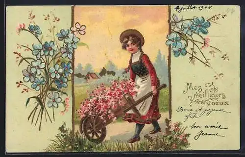 Präge-Lithographie Kleine Gärtnerin mit Blumen-Schubkarre