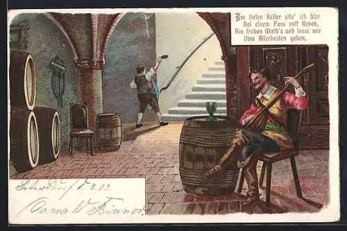 Lithographie Mandolinenspieler im Weinkeller beim Weingenuss