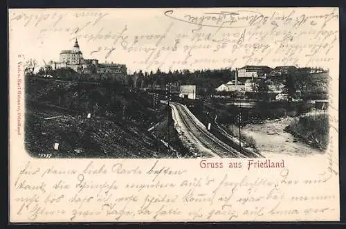 AK Friedland, Ortspanorama mit Bahnstrecke und Fluss