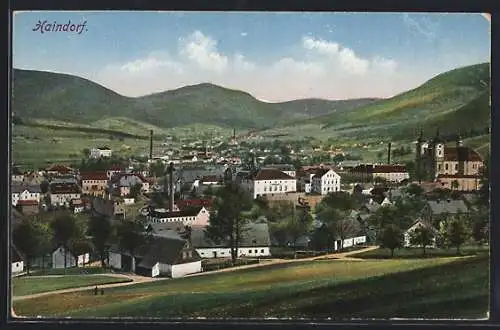 AK Haindorf, Totalansicht mit Bergpanorama aus der Vogelschau
