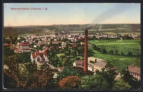 AK Liebenau i. B., Teilansicht mit Fabrikschlot und Fernblick