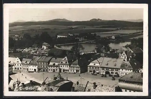 AK Deutsch-Gabel, Teilansicht mit Wasser und Bergen aus der Vogelschau