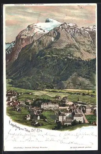 Lithographie Engelberg, Gesamtansicht mit Titlis