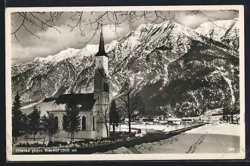AK Oberau / Garmisch, Kirche gegen Bischof im Schnee