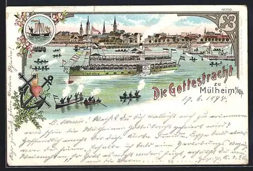Lithographie Mülheim /Rhein, Teilansicht, Rheindampfer Stadt Köln