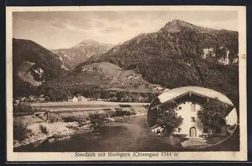 AK Staudach / Chiemsee, Gasthof zur Mauth L. Hütter, Ortsansicht mit Gipfelpanorama vom Wasser aus