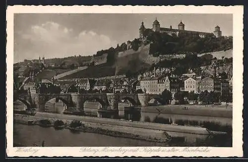 AK Würzburg, Festung Marienberg mit Käppele und alter Mainbrücke