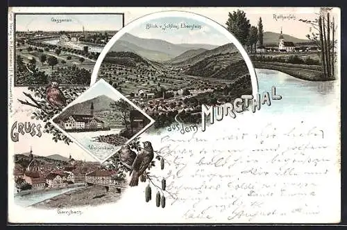 Lithographie Rothenfels / Baden, Ortsansicht, Ansichten von Weisenbach, Gernsbach und Gaggenau