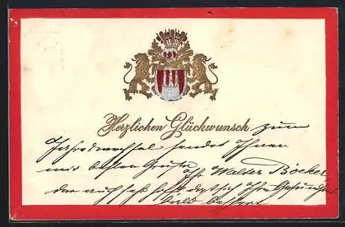 Lithographie Hamburg, Zwei Löwen halten Wappen