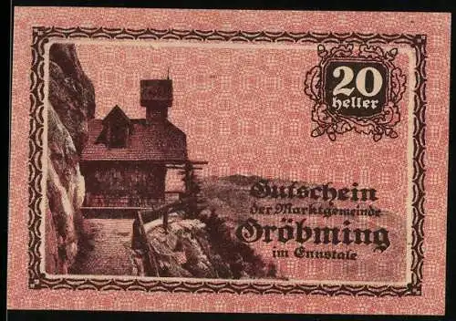 Notgeld Gröbming 1920, 20 Heller, Berghütte am Felsen, Wappen und Zitate von P.H. Rosegger