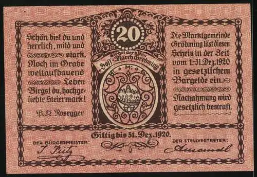 Notgeld Gröbming 1920, 20 Heller, Berghütte am Felsen, Wappen und Zitate von P.H. Rosegger