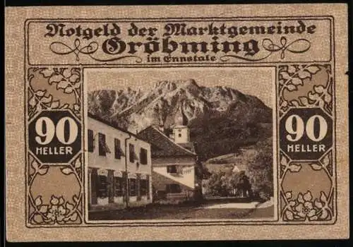 Notgeld Gröbming 1920, 90 Heller, Landschaft mit Bergen und Gebäuden, Wappen und Textzitate