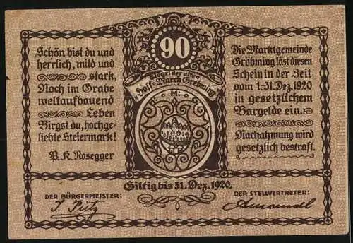 Notgeld Gröbming 1920, 90 Heller, Landschaft mit Bergen und Gebäuden, Wappen und Textzitate