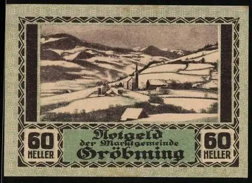 Notgeld Gröbming 1920, 60 Heller, Winterlandschaft und Ortswappen mit Text und Signaturen