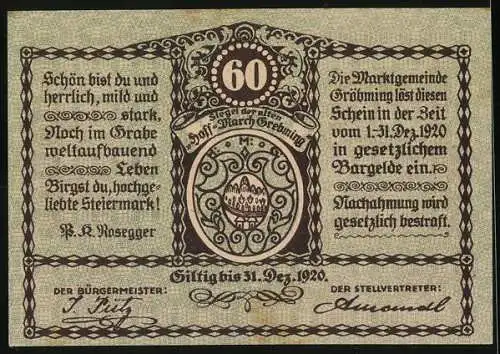 Notgeld Gröbming 1920, 60 Heller, Winterlandschaft und Ortswappen mit Text und Signaturen