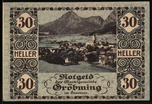 Notgeld Gröbming 1920, 30 Heller, Dorfansicht und Wappen der Marktgemeinde Gröbming