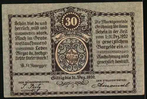 Notgeld Gröbming 1920, 30 Heller, Dorfansicht und Wappen der Marktgemeinde Gröbming