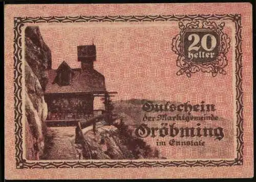 Notgeld Gröbming 1920, 20 Heller, Berglandschaft und Wappen der Marktgemeinde