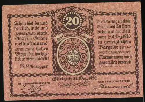 Notgeld Gröbming 1920, 20 Heller, Berglandschaft und Wappen der Marktgemeinde